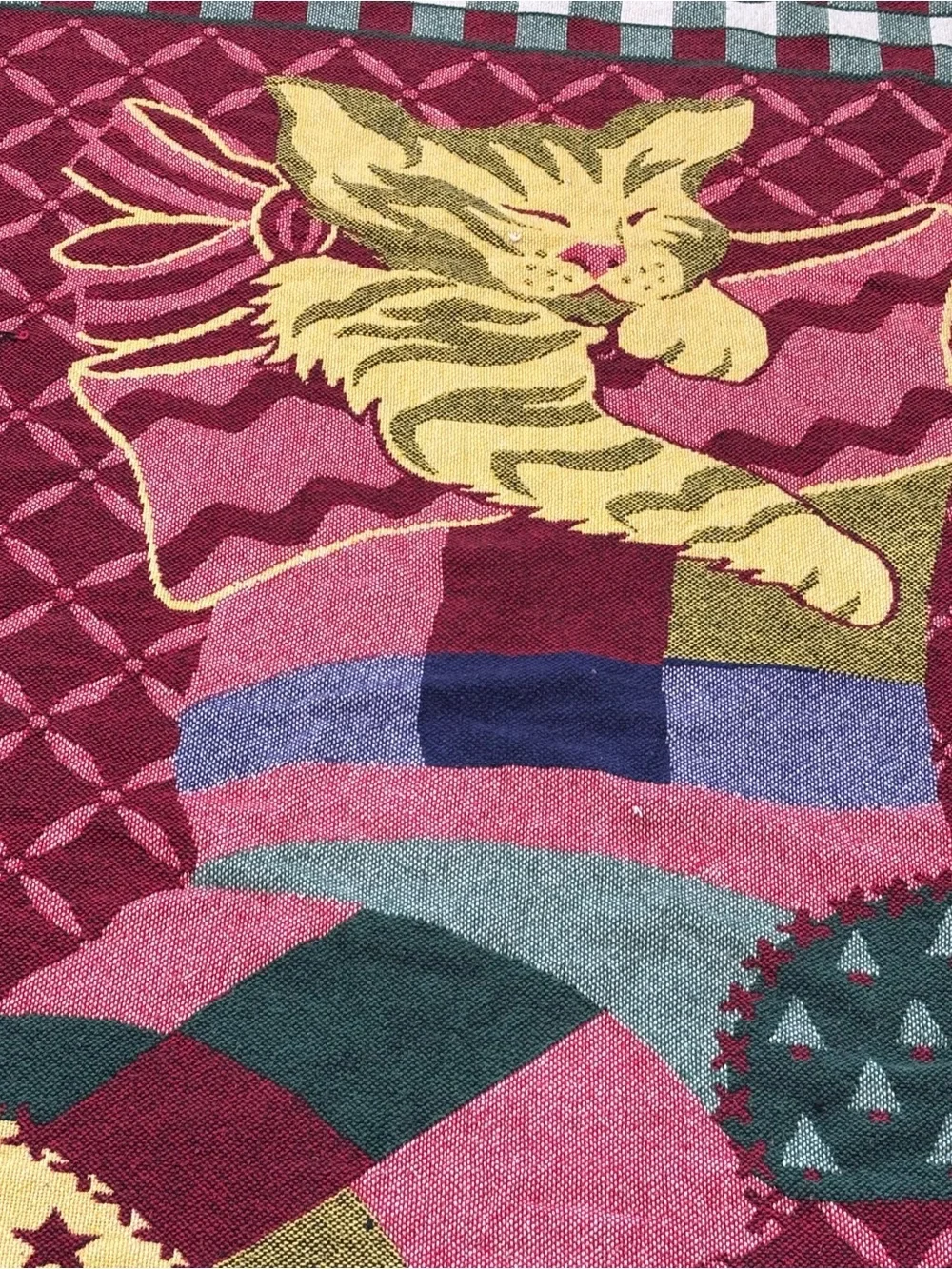 Vintage Christmas cat Stocking woven Throw Blanket holiday late 90s